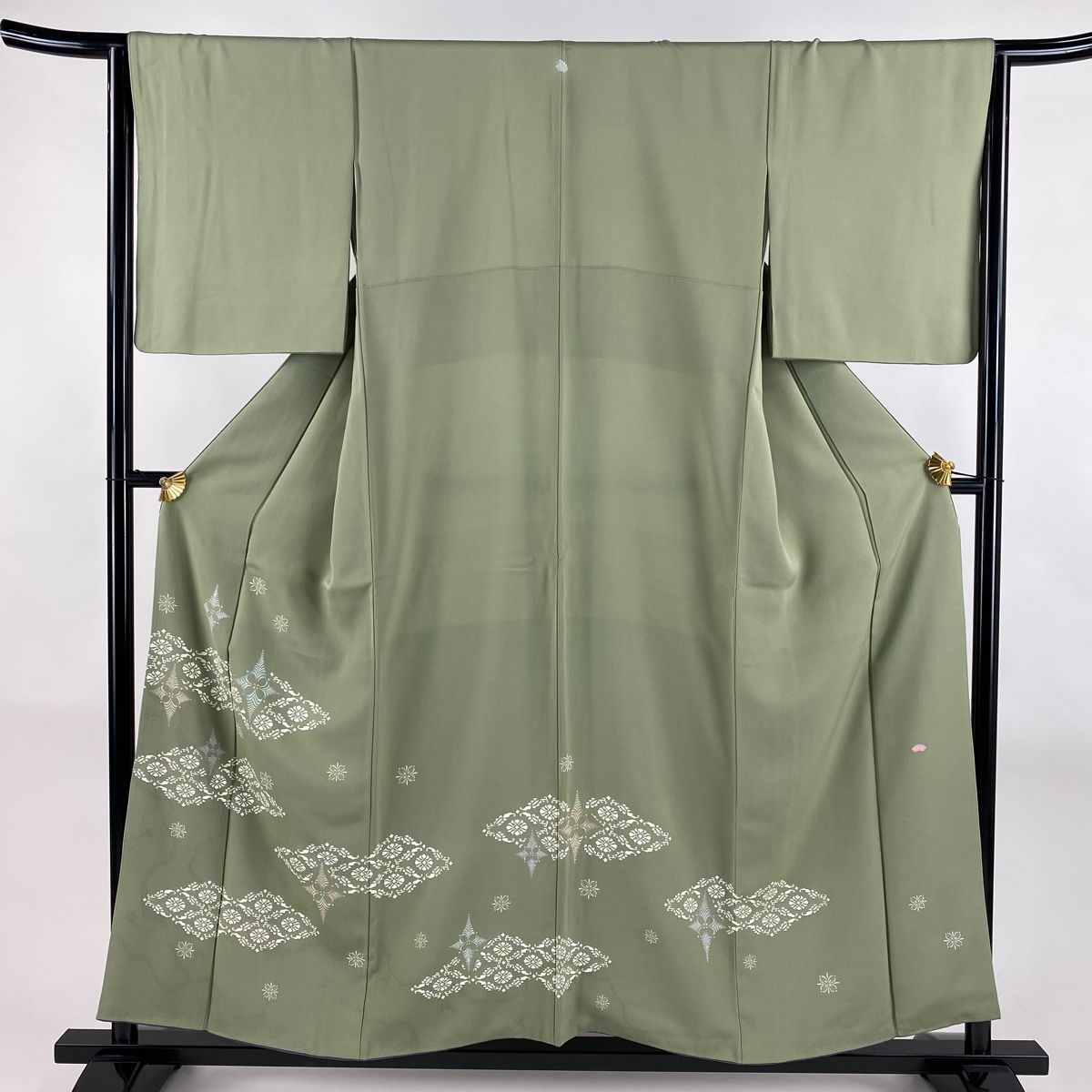 色留袖 身丈155cm 裄丈64.5cm M 袷 落款 草花 薄緑 正絹 秀品 一つ紋