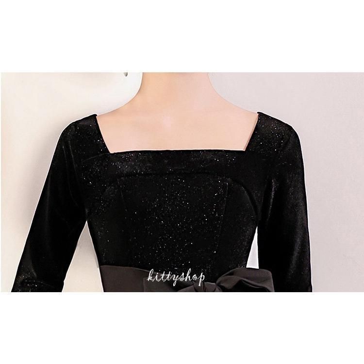 イブニングドレス 黒 ベロア ベルベット ロングドレス ブラック 紗