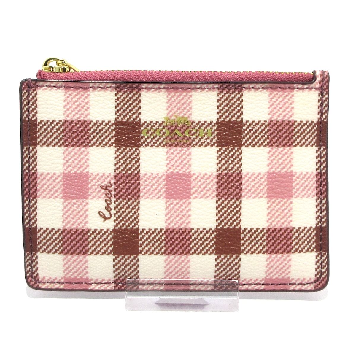 COACH コーチ コインケース - ピンク×アイボリー×マルチ チェック柄|キーリング付き