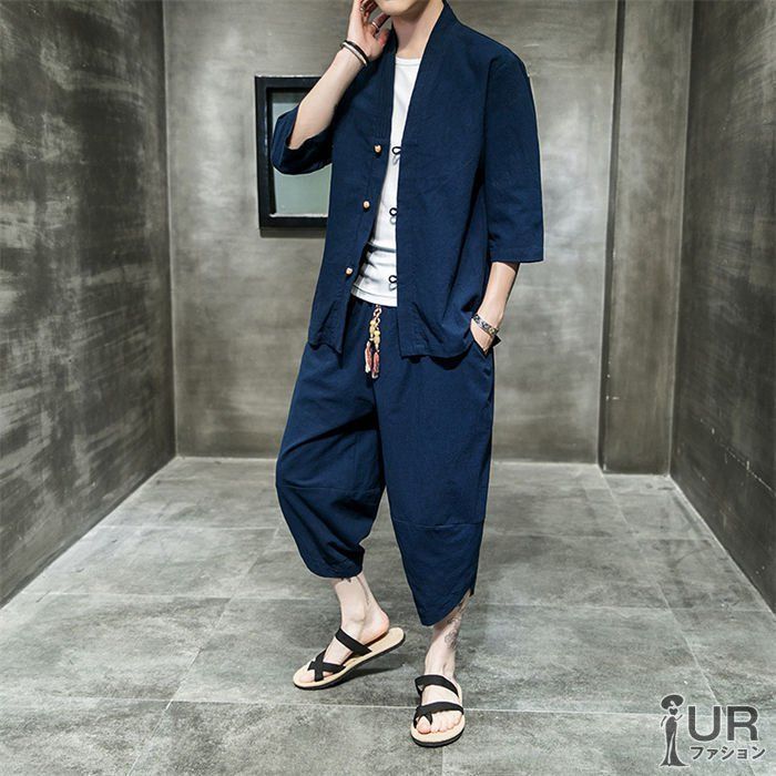 メンズ セットアップ 半袖 綿麻 上下セット リネン 半袖シャツ サルエルパンツ 2点セット 五分袖Tシャツ 七分丈綿麻パンツ 春夏 涼しい ゆったり 通気性よい 大きいサイズ ギフト カジュアルセットアップ 無地 xingshang 01