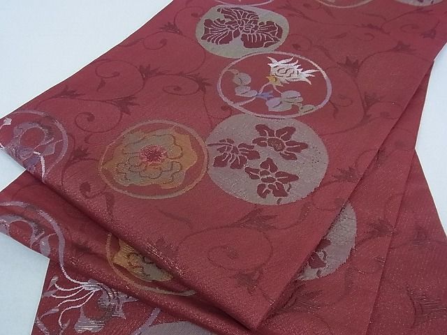 平和屋野田店□六通柄袋帯 唐織 草花文 銀糸 正絹 逸品 A- 