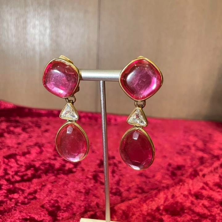 豪華 YSL イヴサンローラン 3連 色石 ラインストーン イヤリング アクセサリー