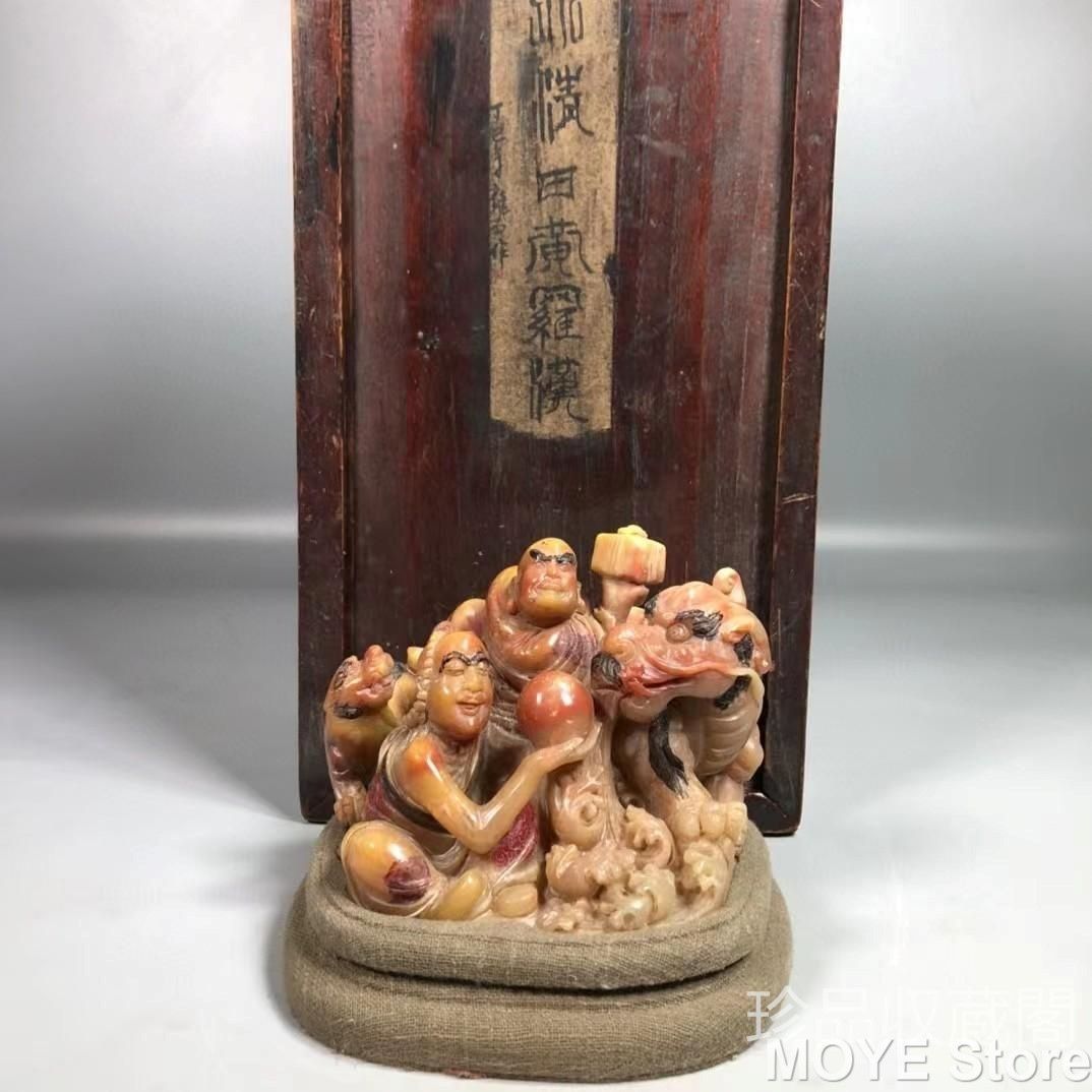 中国古美術 旧蔵三色寿山石 羅漢尊者 飾り 寿山石彫り 文房具 き 聚財置物