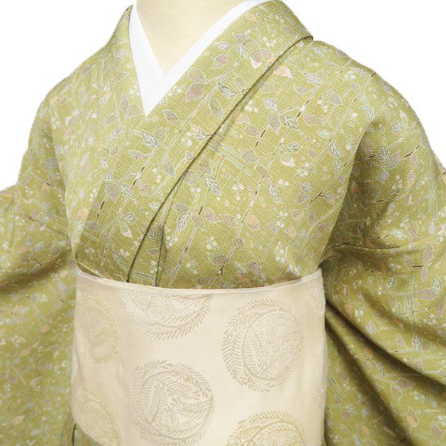 小紋 着物 中古 正絹 単衣 カジュアル 植物文様 葉っぱ 縮緬地