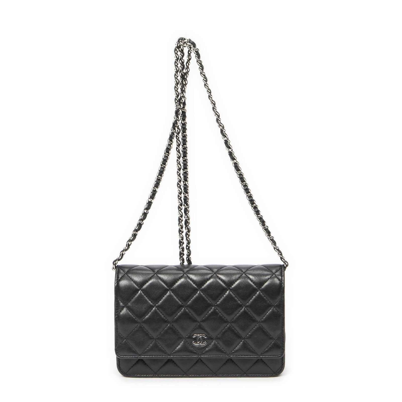 CHANEL シャネルクラシックチェーンウォレット黒マトラッセラムスキンレザーA