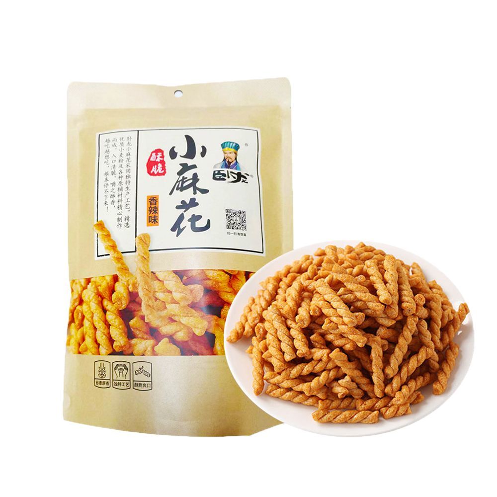 臥龍小麻花(香辣味)208g【12点】スパイツー味 麻花(マーホア) 小麦粉の生地を油で揚げた菓子 サクサクとした食感 茶菓子 208gx12点