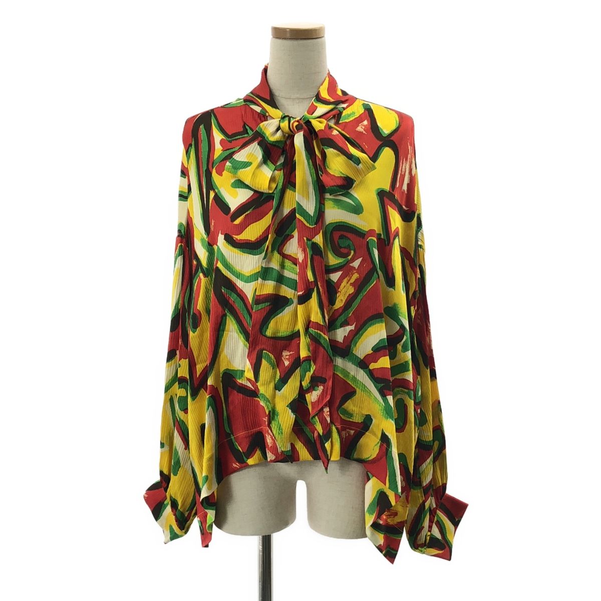 【美品】  BALENCIAGA / バレンシアガ | silk 100％ / シルク 総柄 タイ オーバー シャツ ブラウス | 36 | マルチカラー | レディース 美品】 BALENCIAGA / バレンシアガ | silk 100％ / シルク 総柄 タイ