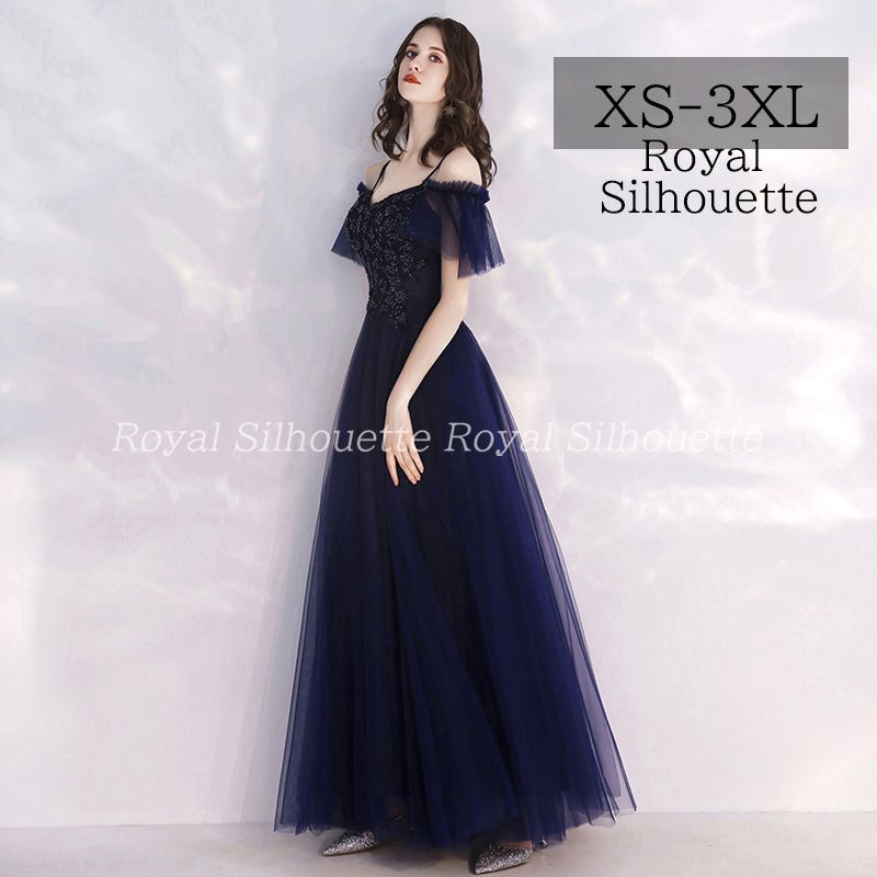 ナイトドレス パーティー ドレス ネイビー 紺 オフショルダー 結婚式 大きいサイズ ドレス 謝恩会 XS S M L XL LL 2XL XXL 3XL XXXL パーティー 姫系 発表会 披露宴 豪華 プリンセス ロング丈 フェミニン シンプル 紐タイプ