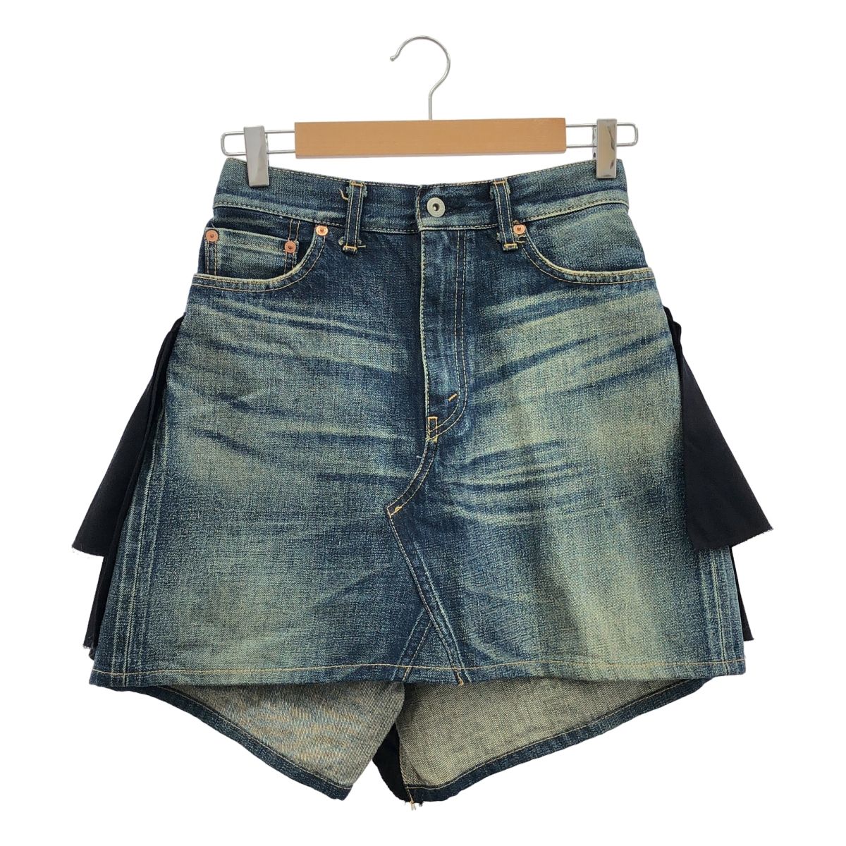 JUNYA WATANABE COMME des GARCONS | ジュンヤワタナベ | 2012SS | 異素材 切替 再構築 バックドッキング レザーパッチ セルビッチ デニム スカート | S | インディゴ|ダークネイビー | レディース