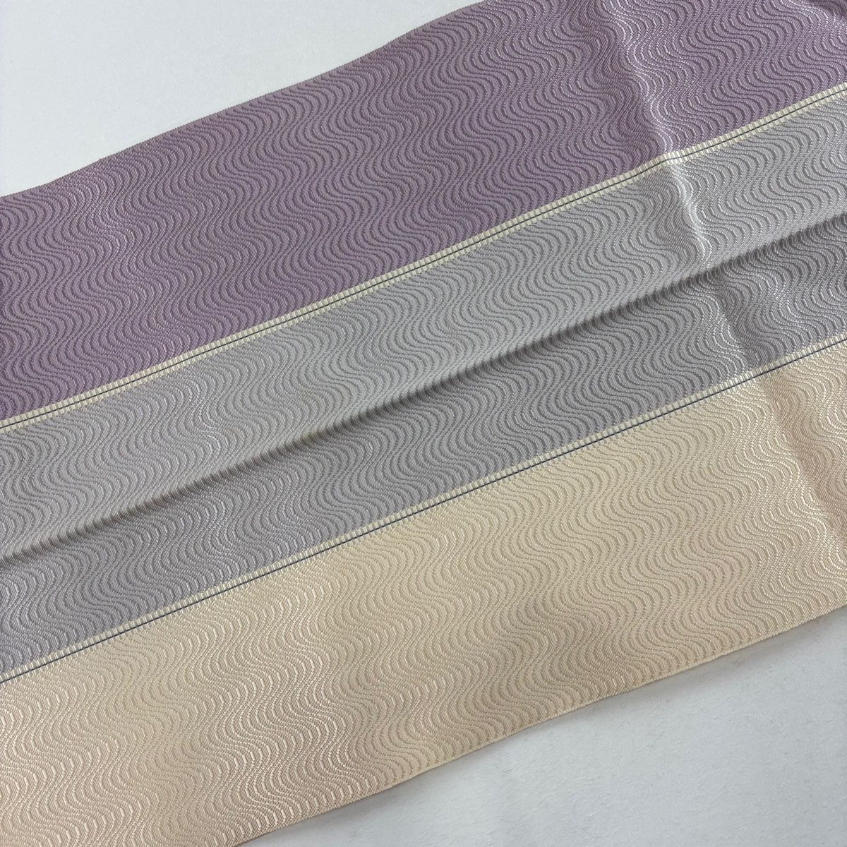 名古屋帯 秀品 八寸名古屋帯 縞 地紋 薄紫 正絹 【中古】 未使用 薄手