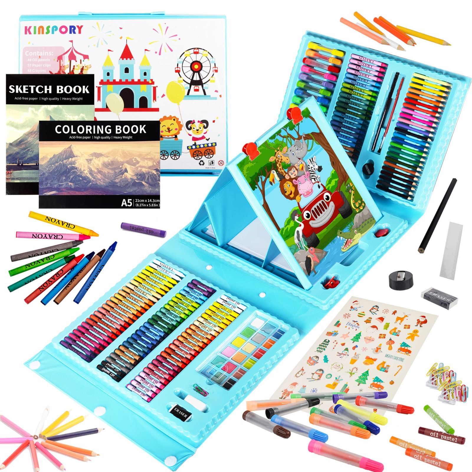 【新着商品】(ブルー) 子供2人遊び用 ケースギフトガールズボーイズキッズティーンズ 画材 学用品 セット、新進アーティスト向けの クレヨン マーカー 絵の具 色鉛筆 水彩画 アートセット