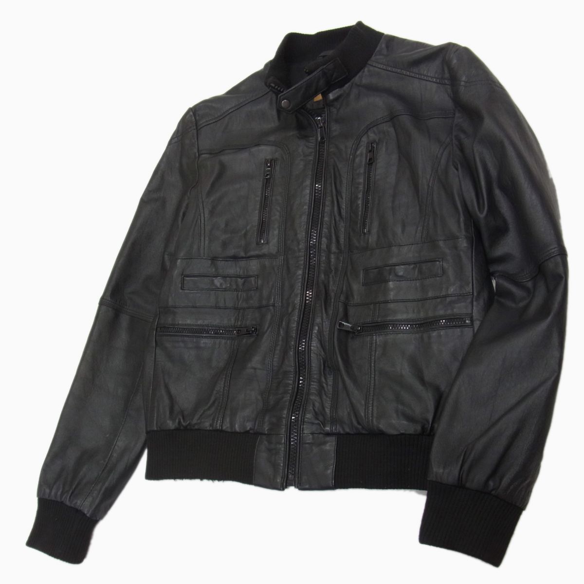 ZARA MAN レザーライダースジャケット 革ジャン リブニット ネックベルト ブルゾン ザラマン メンズ トルコ製