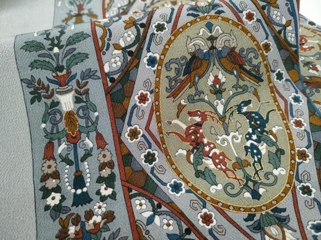 平和屋着物●全通柄　九寸名古屋帯　動物　更紗花鳥間道　鬼しぼ縮緬　正絹　逸品　CAAW4592hy 平和屋着物○全通柄 九寸名古屋帯 動物 更紗花鳥間道