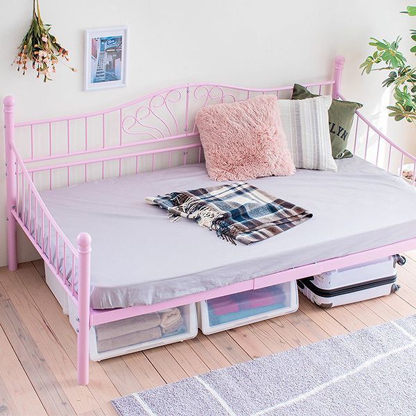 全3色 ロートアイアン デイベッド シングル ベッド 幅203 奥行105 フレーム パイプ ソファ ソファベッド ハイ＆ロー 高さ調節 床下収納 ブラック ホワイト ピンク メーカー直送