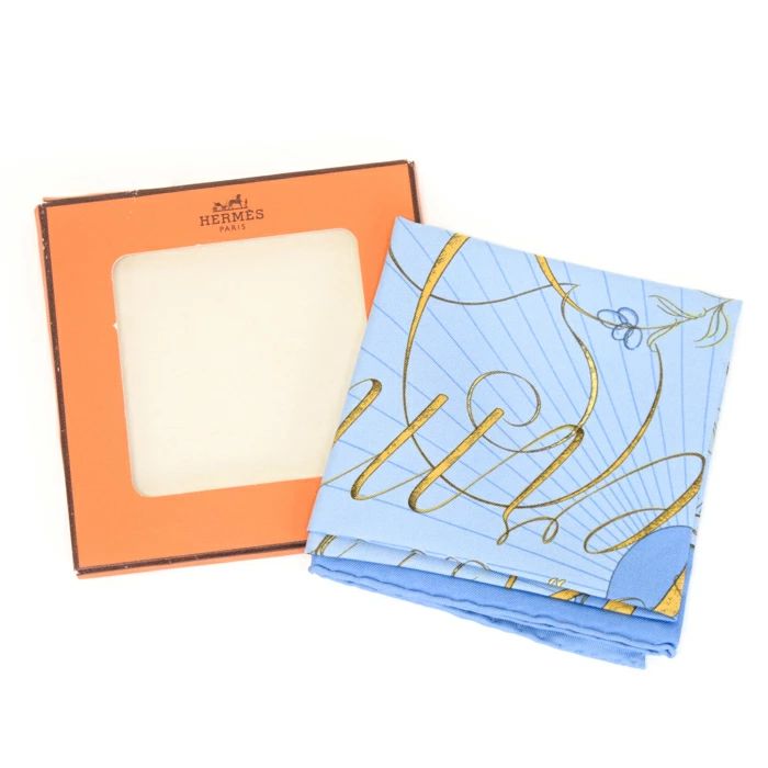 極美品☆HERMES エルメス☆プチカレ45 シルクスカーフ ブルー リボン エルメス HERMES スカーフ カレ45 プチカレ ガブロッシュ シルク