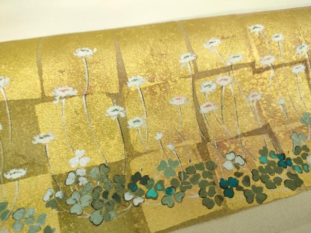 平和屋着物○塩瀬 九寸開き名古屋帯 作家物 手描き 舞蝶花文 金銀彩  