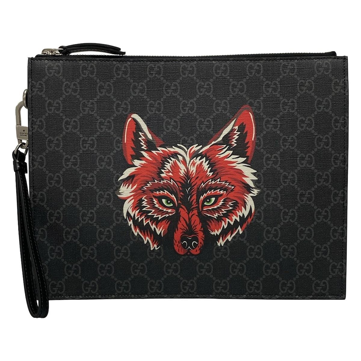 GUCCI グッチ クラッチバッグ GGスプリーム ポーチ 547084 ダークグレー×レッド×マルチ フォックス レザー