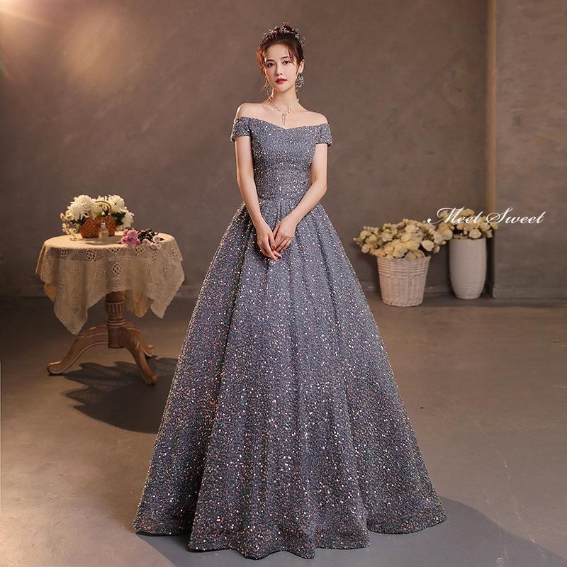 ドレス Aラインドレス ロングドレス グレー スパンコール オフショルダー ウェディングドレス 結婚式 二次会 花嫁 前撮り 演奏会 発