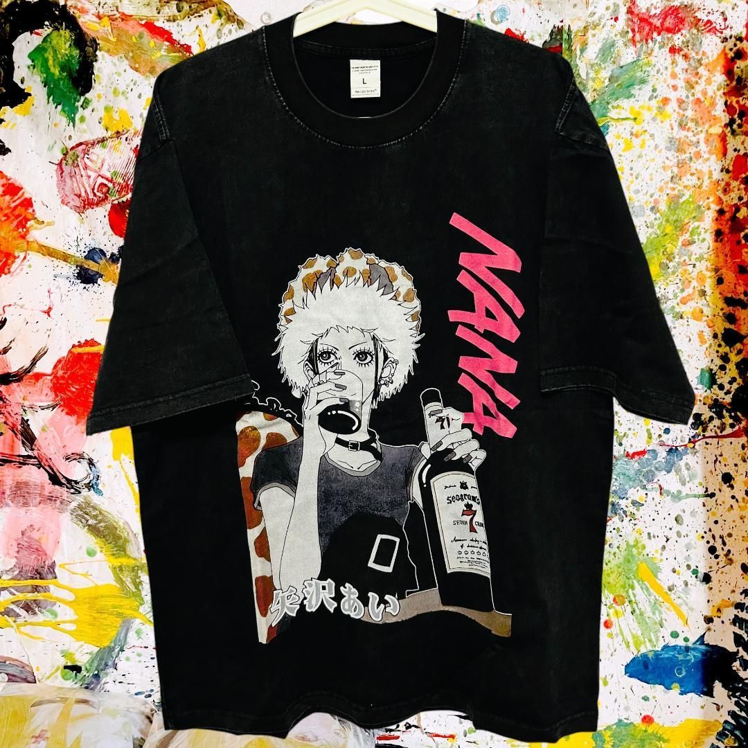 NANA メンズ Tシャツ 半袖 夏 ケミカルウォッシュ 黒 5 平成レトロ
