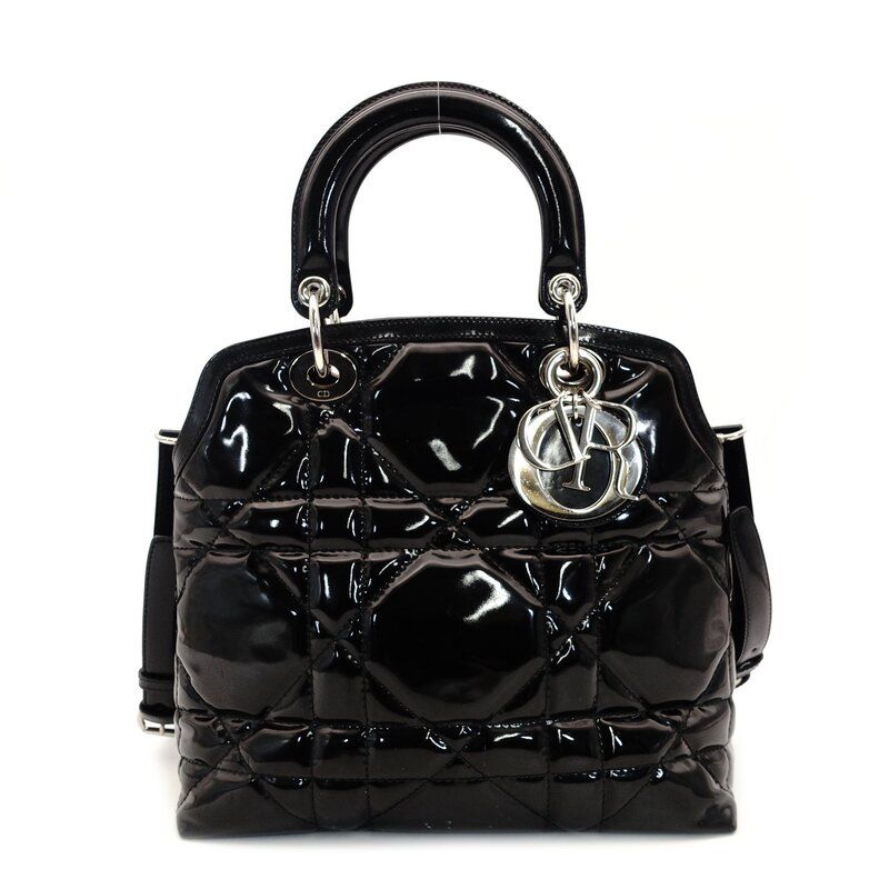 クリスチャン ディオール Christian Dior ハンドバッグ パテントレザー ブラック 2way 黒 シルバー金具 クロスボディ 7-9-395