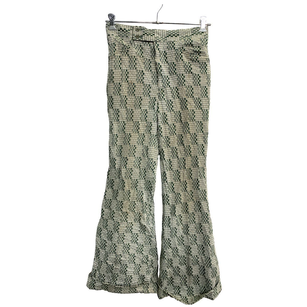 DOUBLE KNIT スラックス W30 総柄 TALONジップ グリーン フレア 古着卸 アメリカ仕入 2403-165