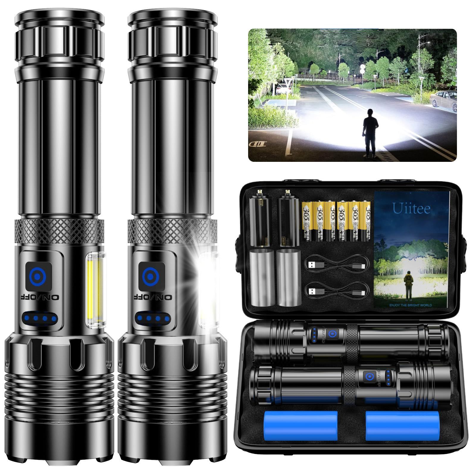 【新着商品】XHP70.2 明るい 超高輝度 flashlight 30000ルーメン ハンドライト 電池式 ハンディライト COB作業灯 充電式 IP67防水 7モード調光 Uiitee ズーム調整可能 最強 登山 夜釣り 軍用 夜間訓練 強力 作業用 停電