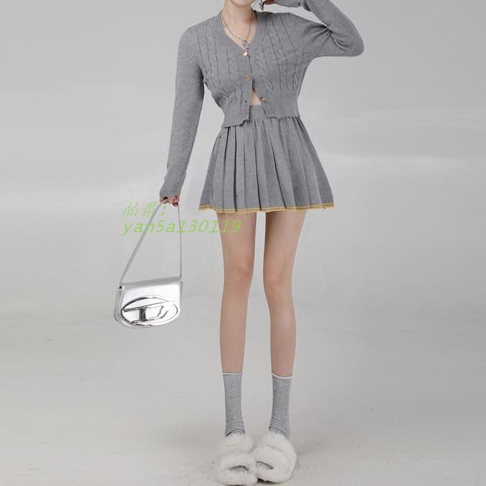 中学生 高校生 レディース 韓国 セットアップ ニット 春秋冬 20代 おしゃれ カーディガン 2点セット プリーツスカート ガー可愛い 通学 10代 ミニ yan5a130119