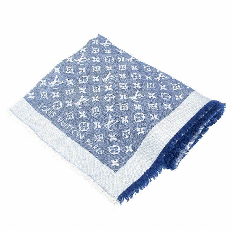 ルイヴィトン LOUIS VUITTON ショール モノグラム デニム S00 M71376 大判ストール シルク ウール混 フリンジ 青 ブルー 系 AA 0525