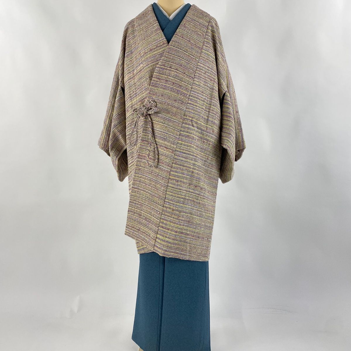 道中着 身丈100cm 裄丈65.5cm M 和装コート 落款 証紙 縞 銀通し 灰紫 正絹