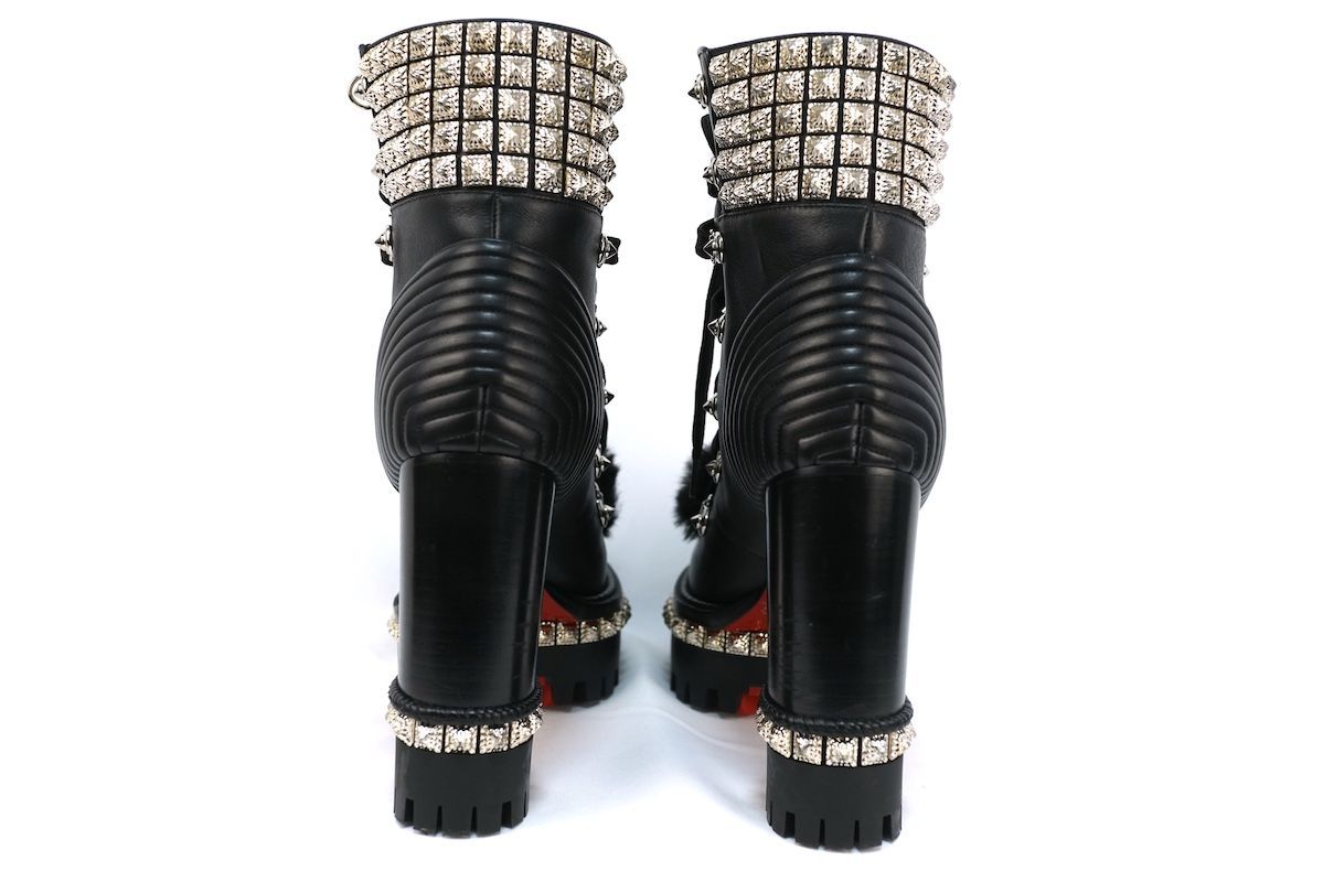  Christian Louboutin クリスチャンルブタン YETI DONNA Studded Hiking Boot Faux Fur Trim シャーリング スタッズ プラットフォーム ヒール ショートブーツ 約24 cm ブラック ワークブーツ ブーツ