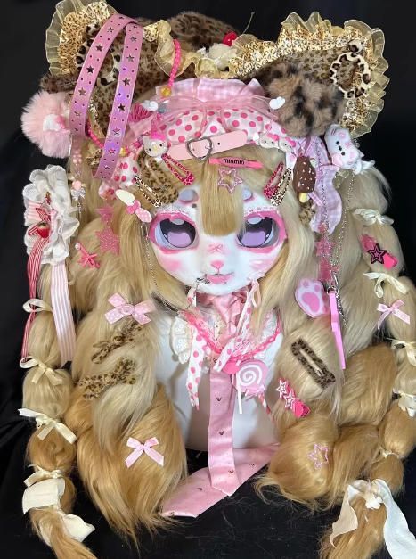 着ぐるみヘッド kigurumi NO.150 豹 ヒョウ柄 ピンク ファースーツ 全頭ヘッド ケモノ マスク ぬいぐるみ コスプレ コスチューム 一点物