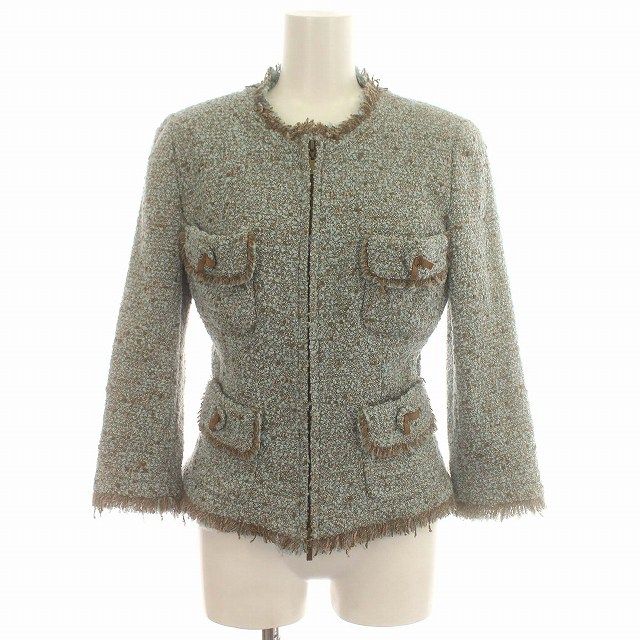 フォクシー FOXEY BOUTIQUE ツイードジャケット ノーカラー ジップアップ 七分袖 ジャケット 38 M 水色 ライトブルー /☆G -  メルカリ