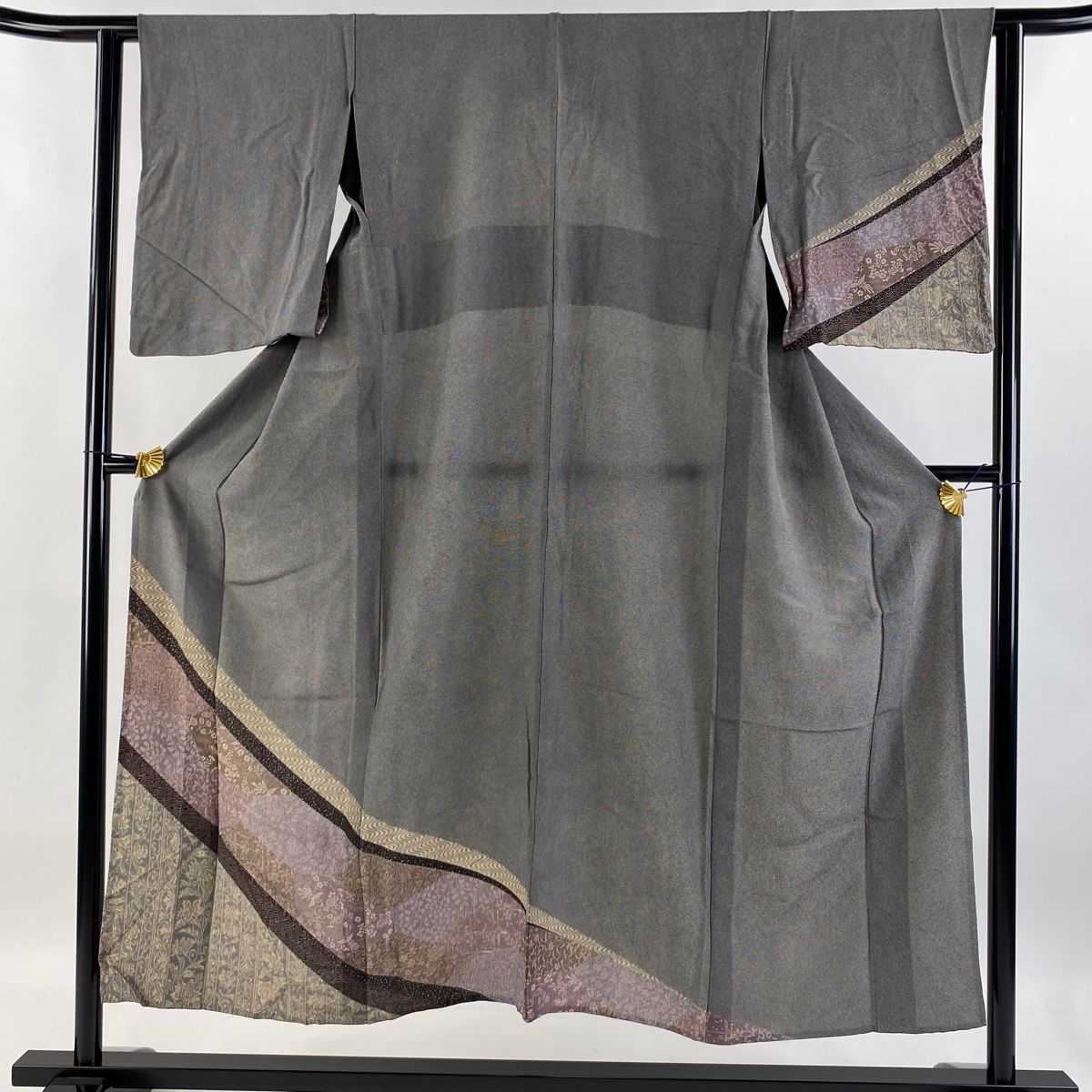 付下げ 身丈150cm 裄丈61.5cm S 単衣 花鳥 花唐草 黒 正絹 秀品