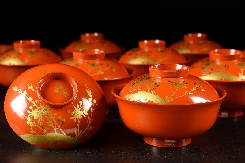 蔵A3616a 木製朱塗 蒔絵花文 吸物椀 汁椀 十客