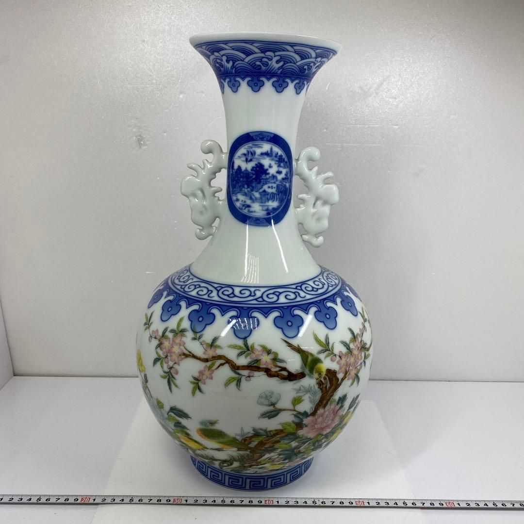 中国美術 景徳鎮 粉彩花鳥図大花瓶 トヒチ 高さ48.5㎝ 東里6-1114