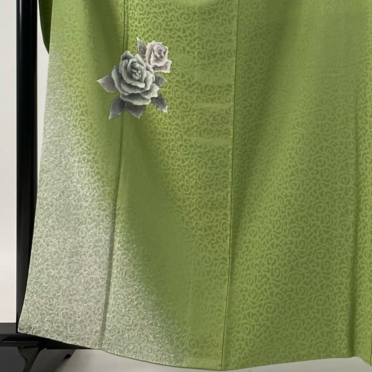 振袖 身丈161cm 裄丈66cm M 袷 袋帯フルセット 落款 薔薇 地紋 黄緑色 正絹 秀品