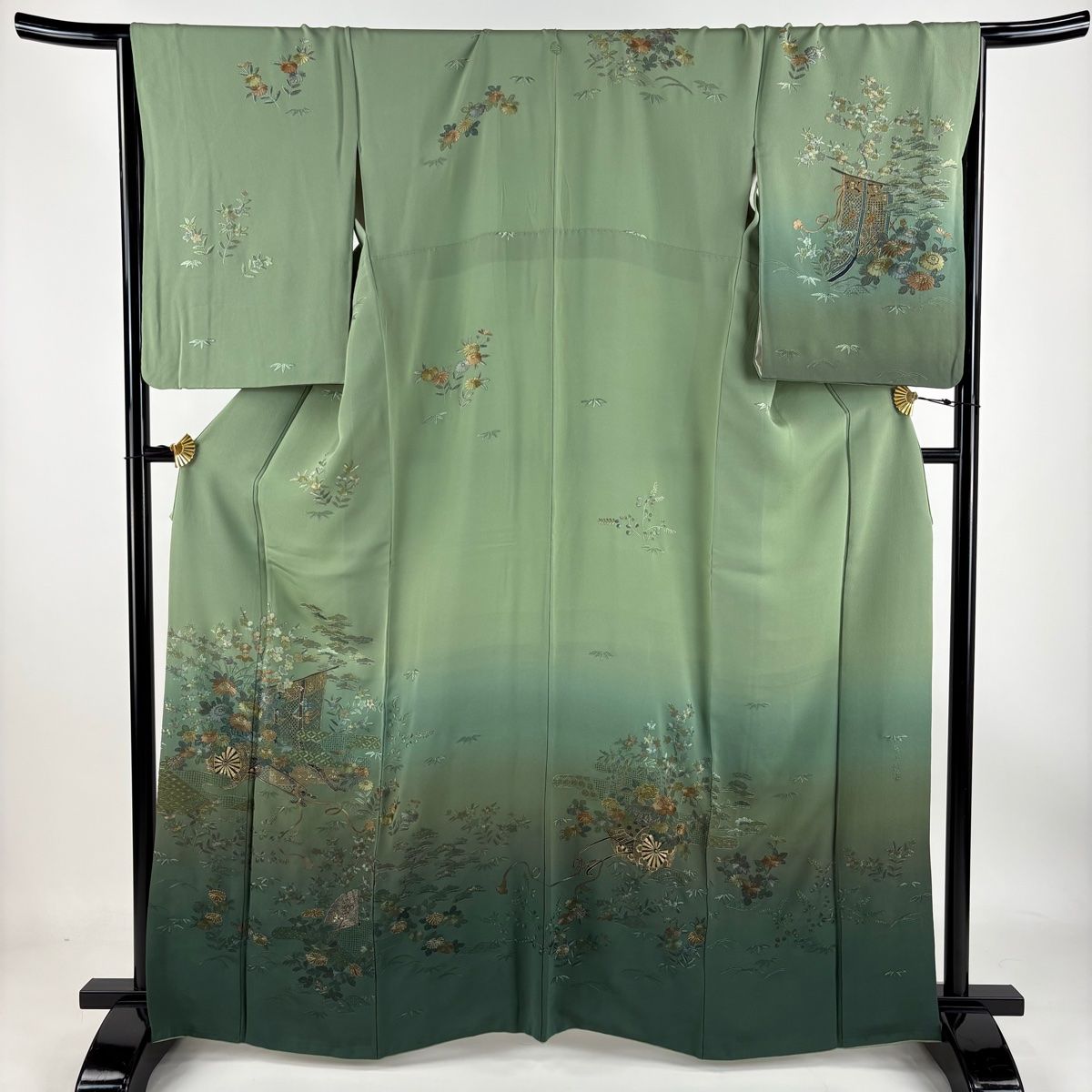 訪問着 身丈163.5cm 裄丈68cm L 袷 花車 松竹梅 翠山刺繍 金糸 薄緑 正絹 名品 一つ紋