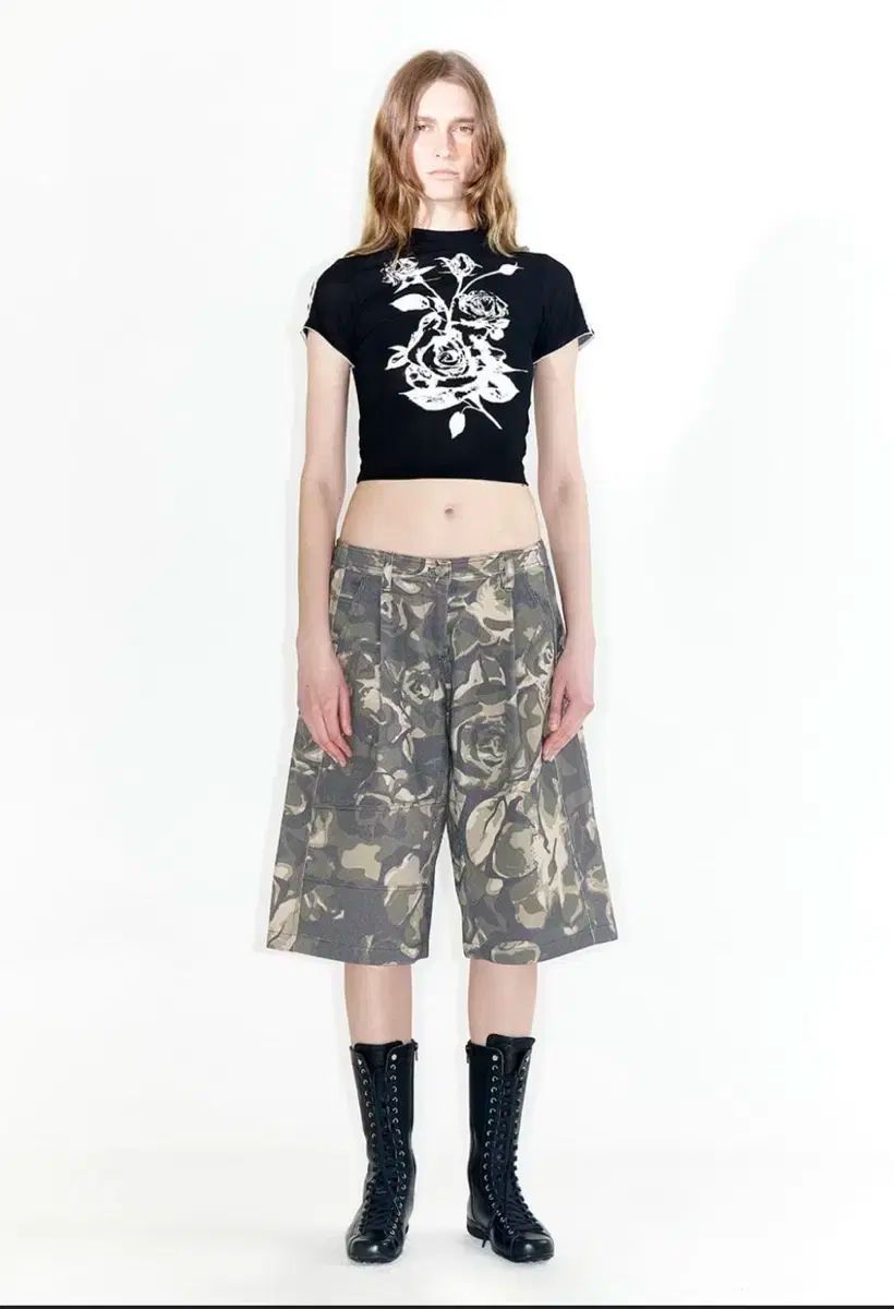 OPENYY カーゴ ミディ ショートパンツ 花柄 カモフラージュ カーキ L