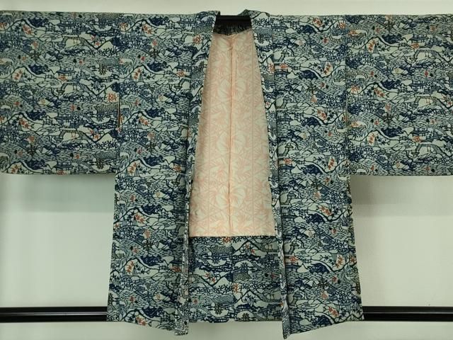 平和屋着物■極上　浦野理一　型染　羽織　風景文　鬼しぼ縮緬　羽織紐付き　逸品　DZAA8447kh5 平和屋着物□極上 浦野理一 型染 羽織 風景文 鬼しぼ縮緬