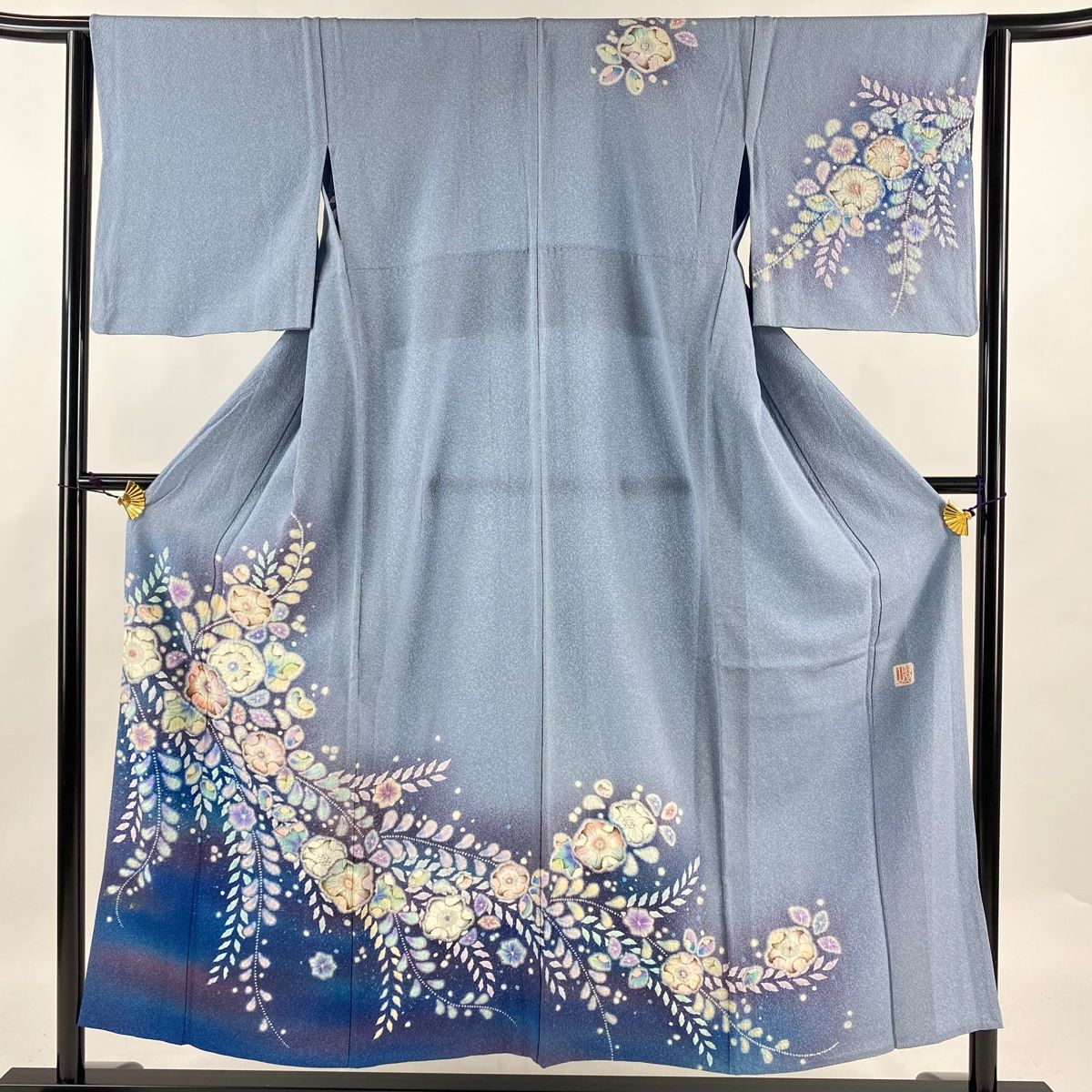 訪問着 身丈152.5cm 裄丈63cm S 単衣 翠山工房 落款 辻が花 ぼかし 青灰色 正絹