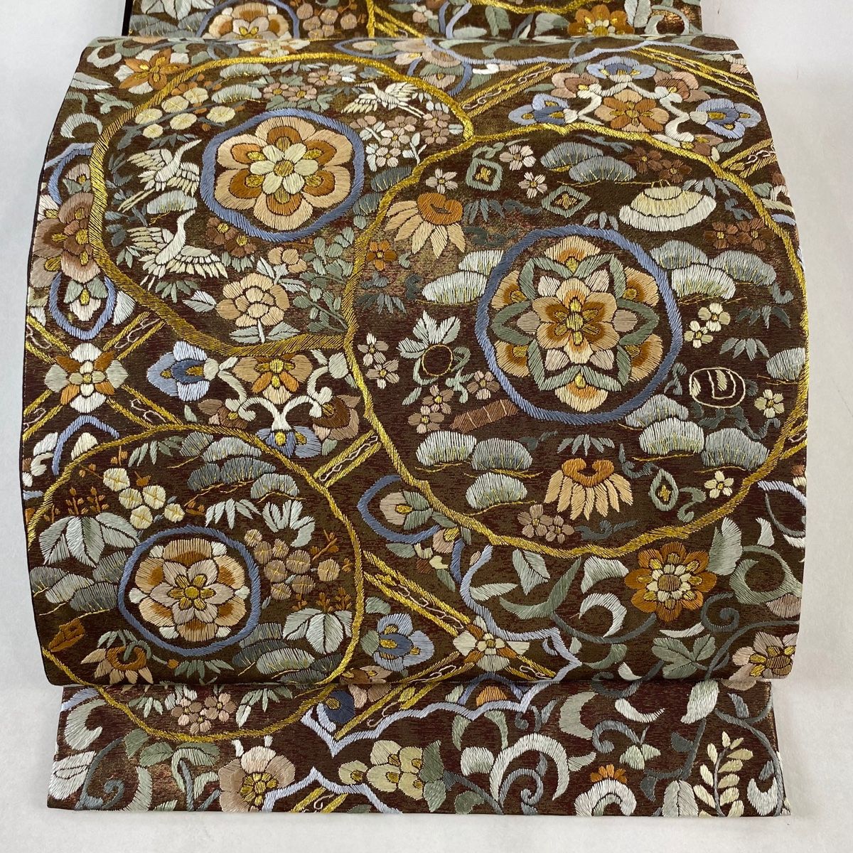 袋帯 華文 松竹梅 刺繍 金糸 金色 六通 正絹