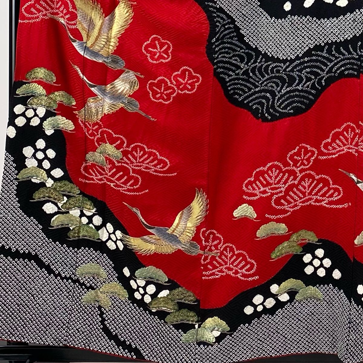 振袖 身丈159cm 裄丈64cm M 袷 鶴 松 金銀彩 絞り 赤 正絹 秀品