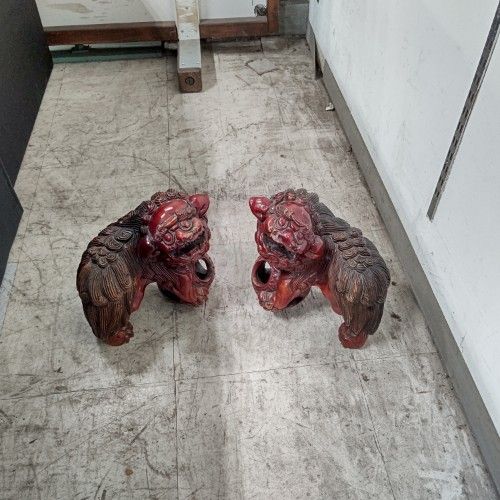 【中古】置物 獅子二頭 幅240×奥行190×高さ240 【送料無料】【業務用】