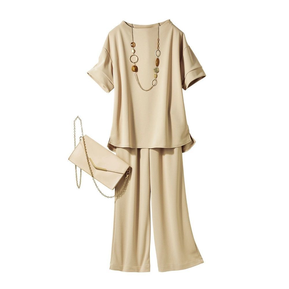 beige LLサイズ ドライマスターストレッチポンチセットアップ セットアップ レディース カジュアル 夏 ドライマスターストレッチポンチセットアップ パンツスーツ 上下セット おしゃれ シンプル 無地 ゆったり きれいめ トップス