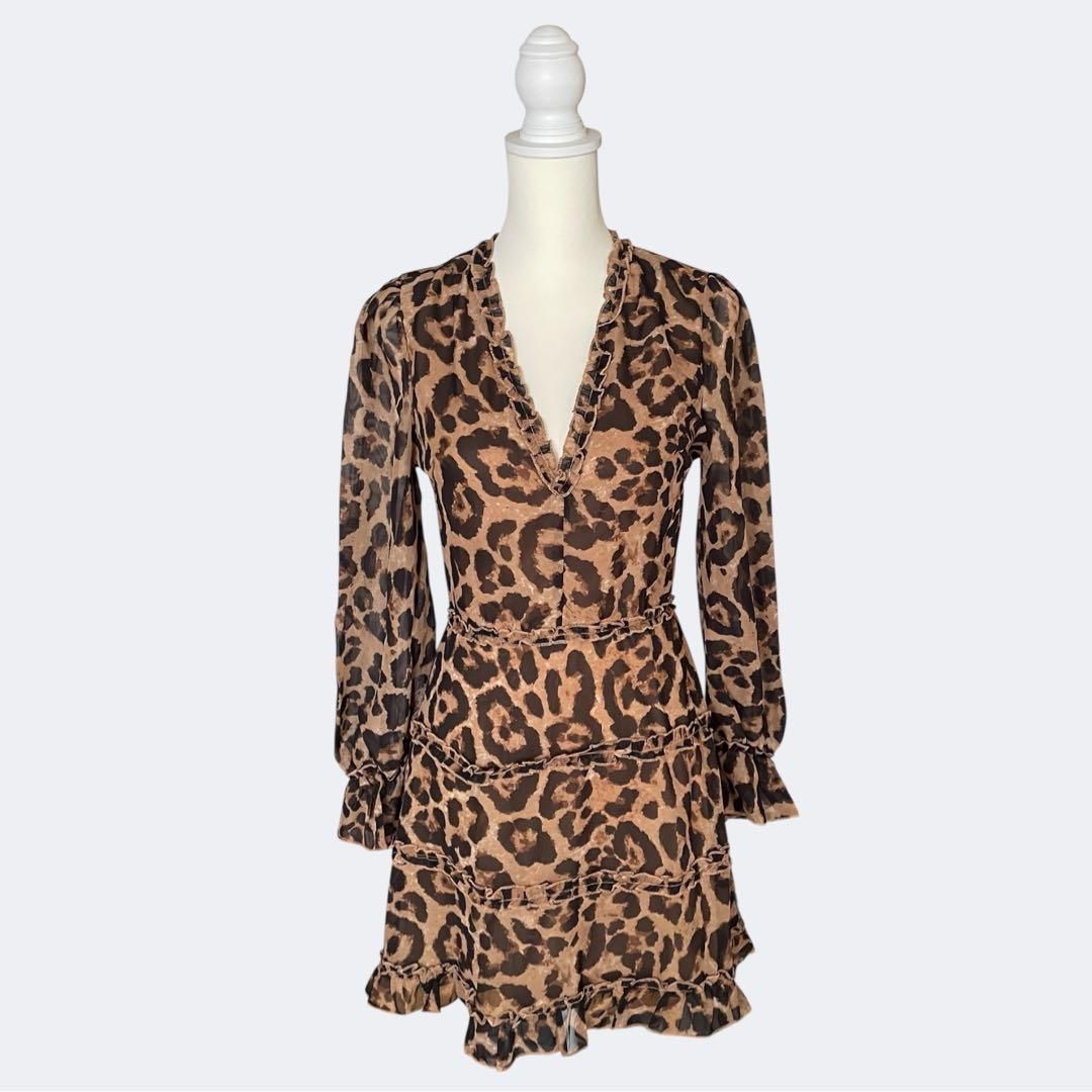 QUIZクイズ 秋冬レオパード柄ブラウンアニマル Vネックフ ミニワンピース ヒョウ柄 M