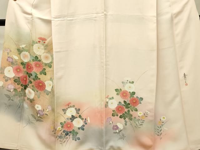 平和屋着物●友禅作家の巨匠　浅井青仁　訪問着　更紗花文　鬼しぼ縮緬　正絹　逸品　DAAZ5086du 平和屋着物○友禅作家の巨匠 浅井青仁 訪問着 草花丸文 暈