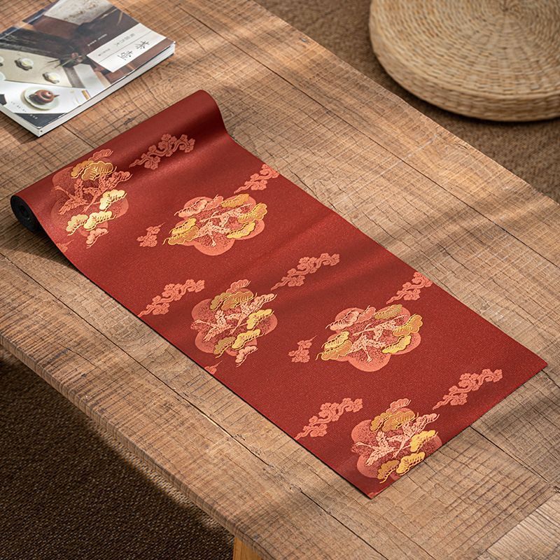 テーブルランナー 松の木と鶴のデザイン 錦織 光沢 和風 (レッド) - メルカリ