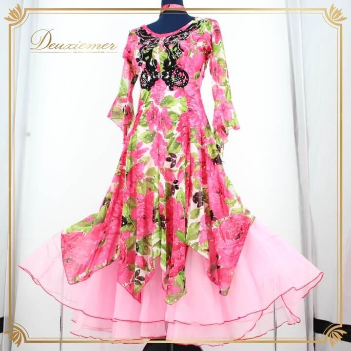 社交ダンス 衣装 ドレス ワンピース レッスンウェア レディース オールシーズン ブラック系 ピンク系 ICHIOKU イチオク グリーン系 黒 緑 花柄 長袖 ラインストーン フェミニン おしゃれ パーティー ゆったり 伸縮性 ポリエステル