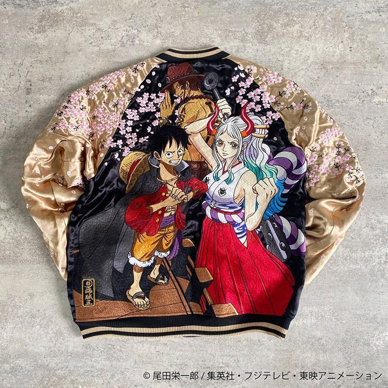 刺繍デザイン スカジャン　ルフィー　エース　シャンクス ONE PIECE 四皇 ルフィ&バギー&ティーチ&シャンクス 刺繍