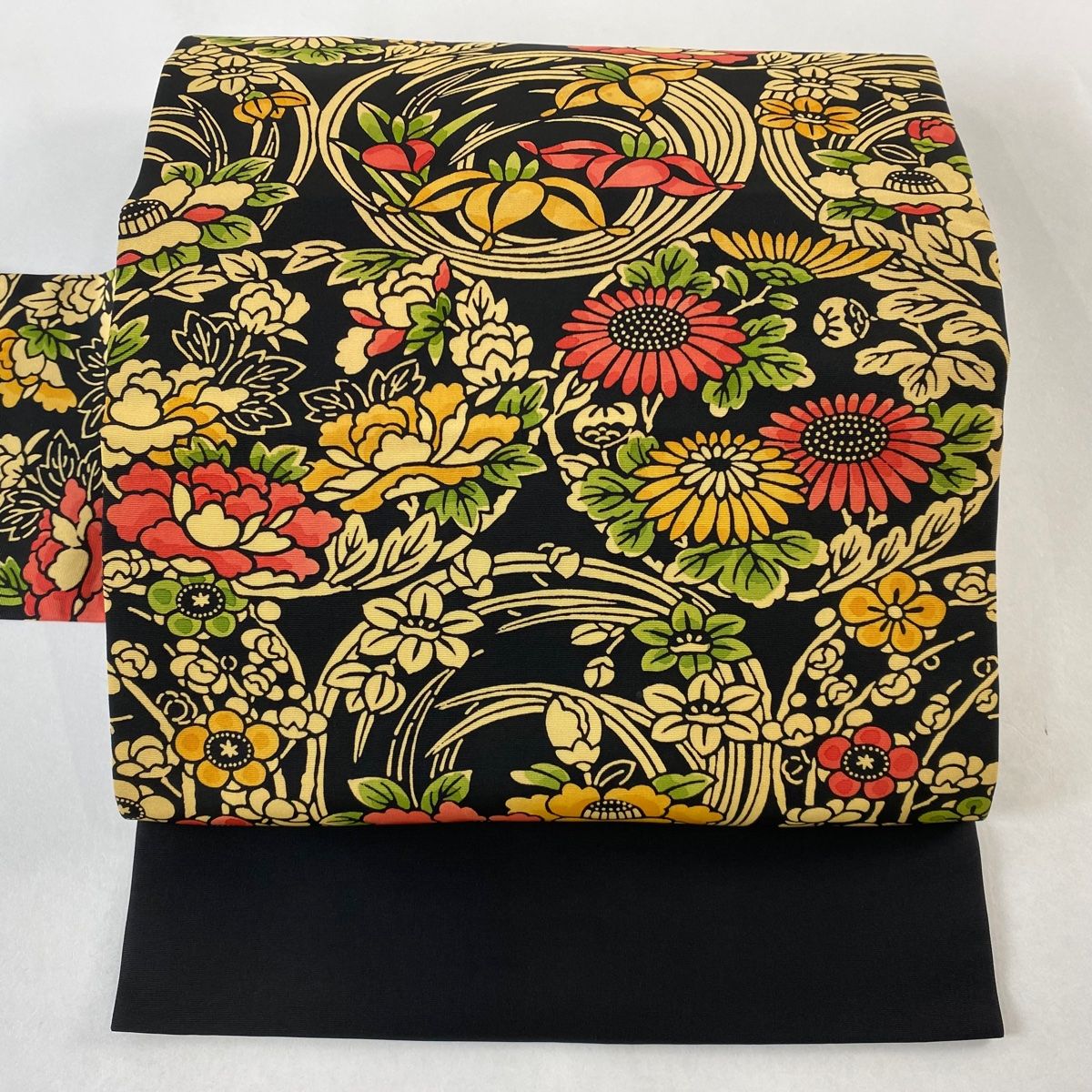 名古屋帯 秀品 花丸文 菊 黒 正絹
